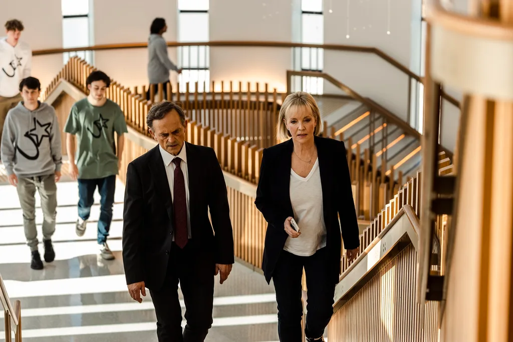 Rebeca Gibney Richard Roxburg walking up the stairs in new TV show Prosper