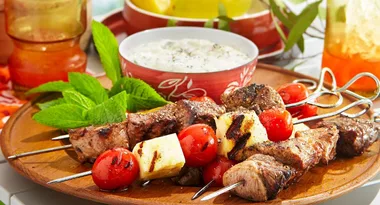 Lamb, Tomato and Haloumi Skewers with Tzatziki