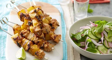 Pork Skewers with Crispy Noodles and Asian Salad