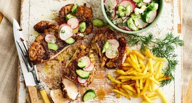 Our light and tasty Sumac Chicken with Radish Cucumber Salad