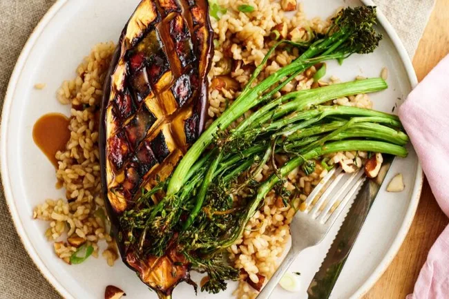 miso roasted eggplant and brown rice salad