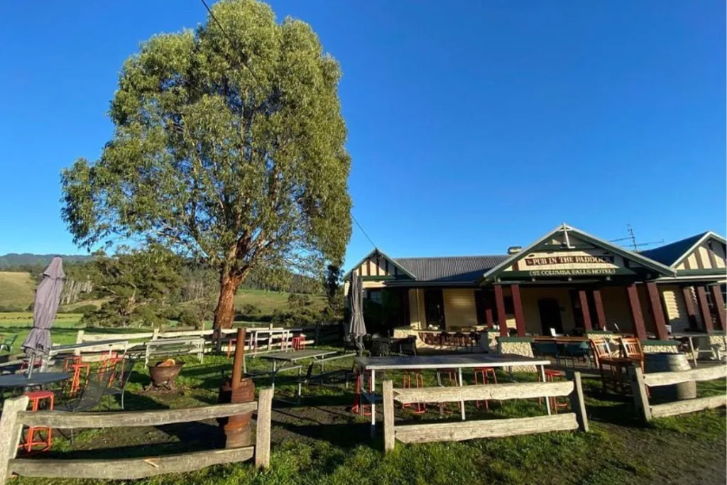 Outdoor view with trees and nature of Pub in the Paddock in Tasmania