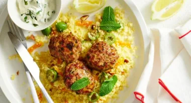 Moroccan lamb cakes with green olive couscous