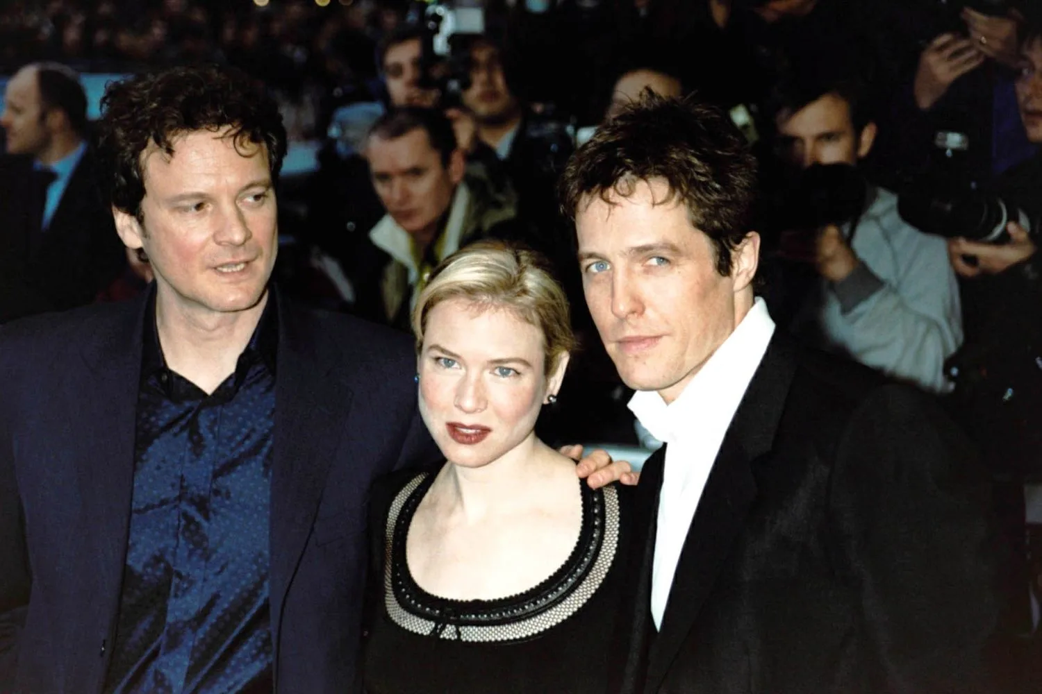 Renée Zellweger, Colin Firth, and Hugh Grant at the premiere of the first Bridget Jones movie in 2001.