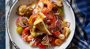 Greek Prawn and Bread Salad with Fried Feta