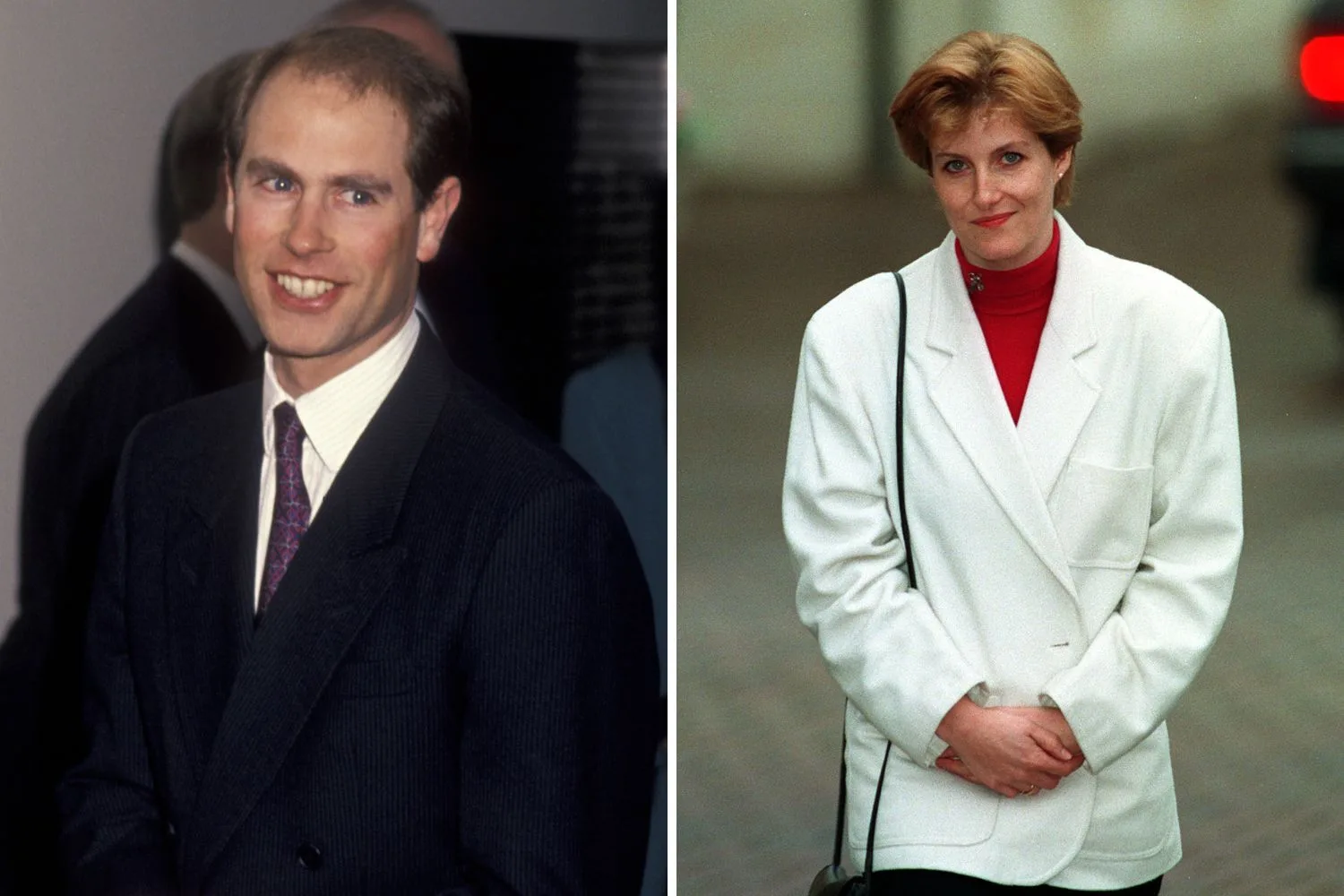 left: prince edward in suit and tie, right: sophie rhys-jones with short hair, red turtleneck and white blazer