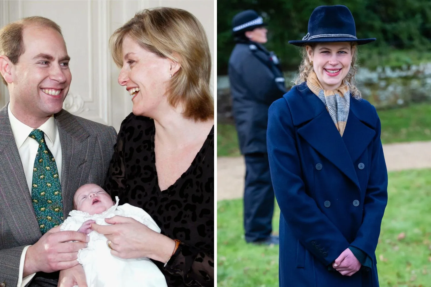 left: prince edward and sophie countess of wessex with lady louise windsor as a baby, right: lady louise windsor wearing blue coat and hat