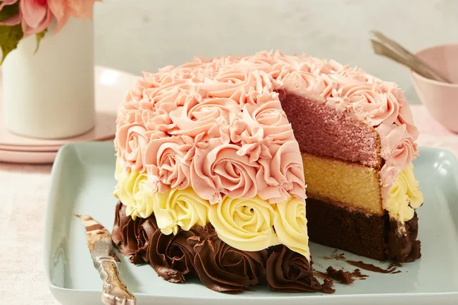 Neapolitan-Cake-with-Frosting-Rosettes