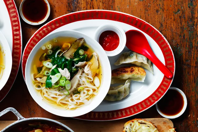 Chicken and Mushroom Long Soup with Prawn Gyoza