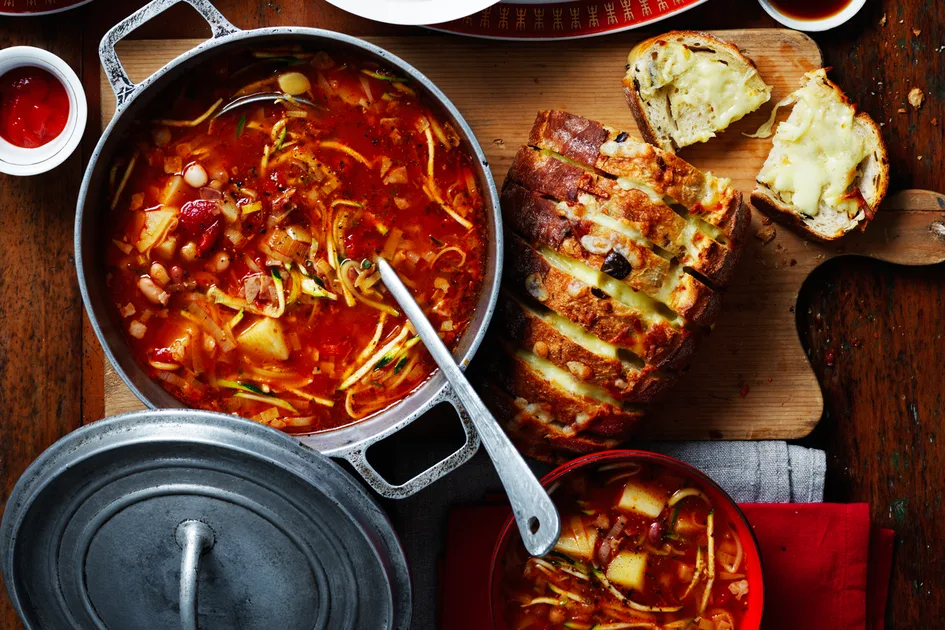 Minestrone with Olive, Garlic and Cheese Bread Recipe | New Idea