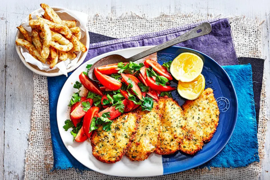 Panko and Parmesan Crumbed Chicken with Tomato Salad Recipe | New Idea