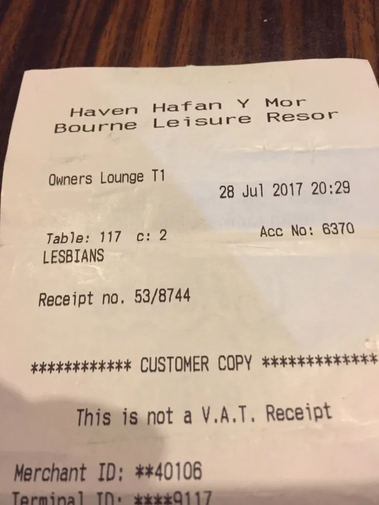 The couple's receipt had the word 'lesbians' on it.