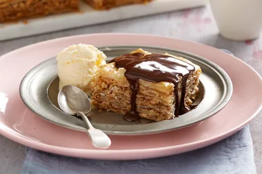 Walnut and almond baklava with chocolate sauce