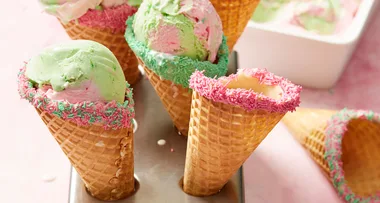 Strawberry and peppermint ice-cream cones