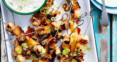 Teriyaki chicken, pineapple and bacon skewers