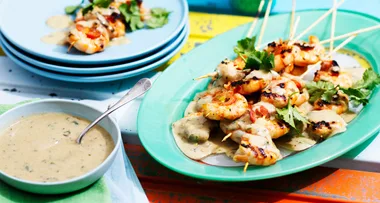 Thai prawn skewers with green curry sauce