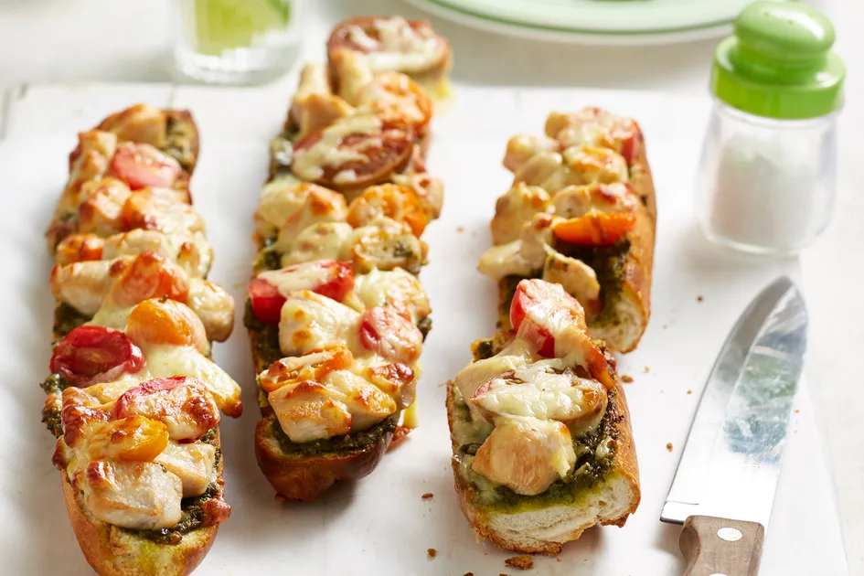 Chicken pesto baguette pizza recipe Recipe | New Idea