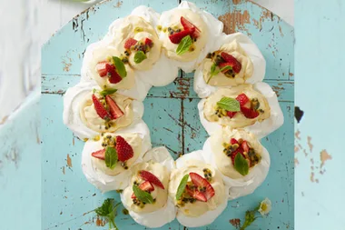 Pavlova wreath with passionfruit custard is the perfect summer dessert