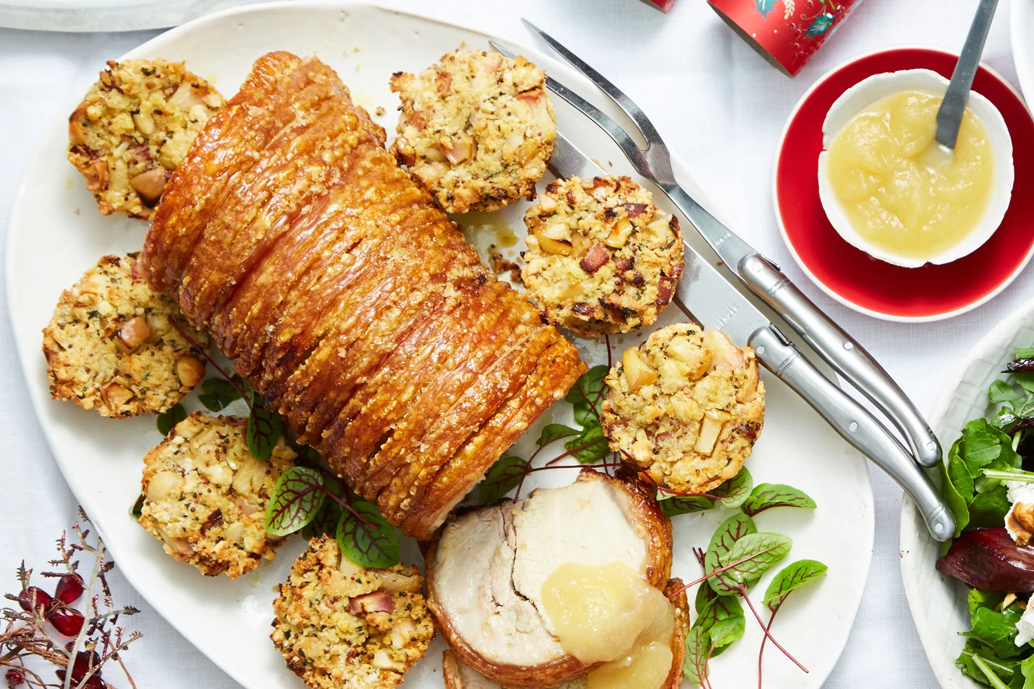 Roast Pork Loin with Apple and Macadamia Stuffing Cups