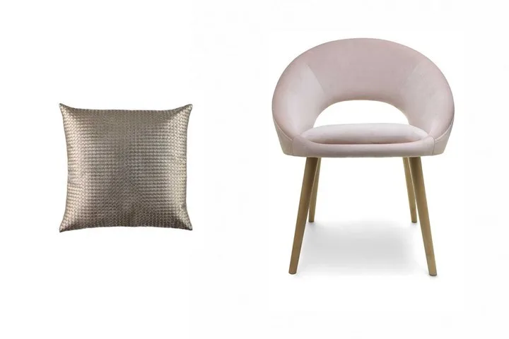 Zelda Gold Look cushion, $12 | Velvet occasional chair in Blush, $49