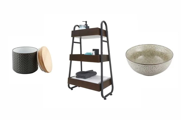 Small embossed canister in Grey, $3.50 | 3 tier industrial style caddy, $25 | Small dimpled bowl in light grey, $3