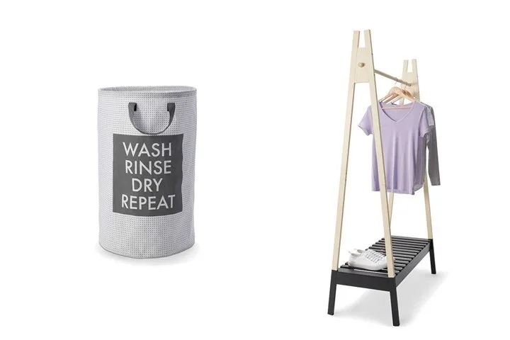Pop up hamper, $10 | Timber A-frame rack, $39