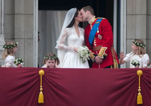 Kate Middleton and Prince William kiss on their wedding day