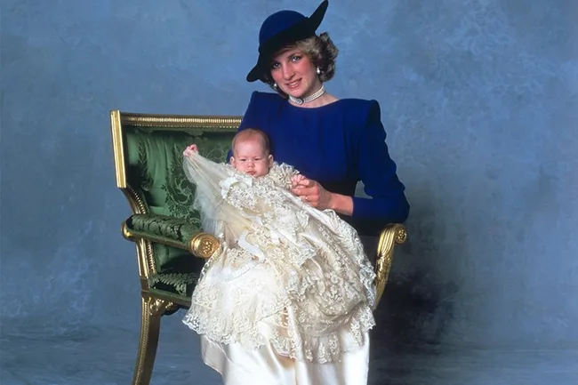 Princess Diana with three-month-old Prince Harry on his christening day