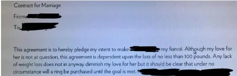 Man asks girlfriend to lose weight before wedding proposal