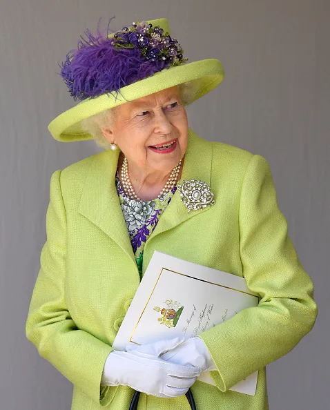 The Queen in lime green at the wedding of Prince Harry and Meghan Markle