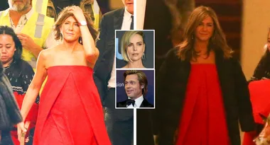 WATCH: Jennifer Aniston is radiant in red amid Brad and Charlize dating talk