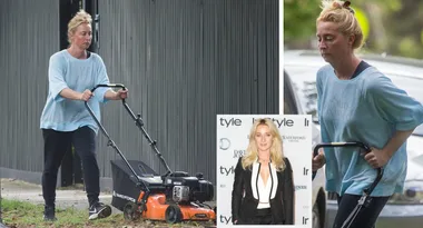 Asher Keddie appears down in the dumps as she mows lawn