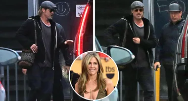 Brad can’t stop smiling since seeing Jennifer – despite having a HOLE in his shoe