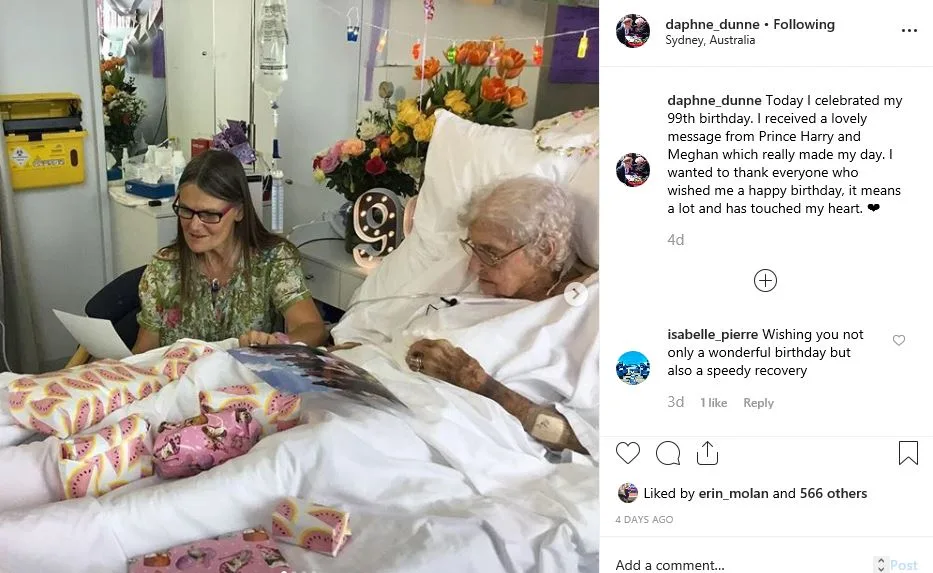 Daphne was delighted to hear from Harry and Meghan on her 99th birthday