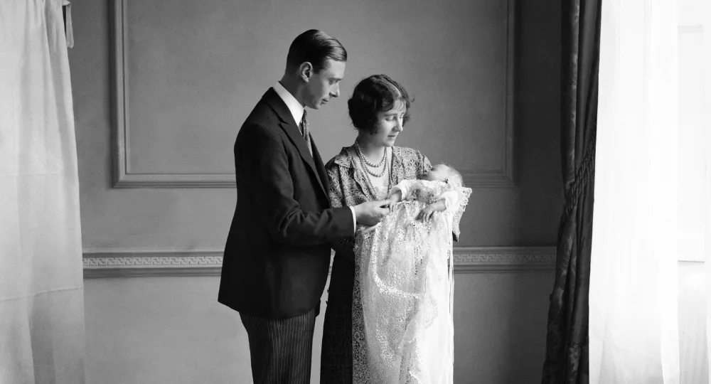 The Duke and Duchess of York with their daughter Princess Elizabeth at her christening in 1926