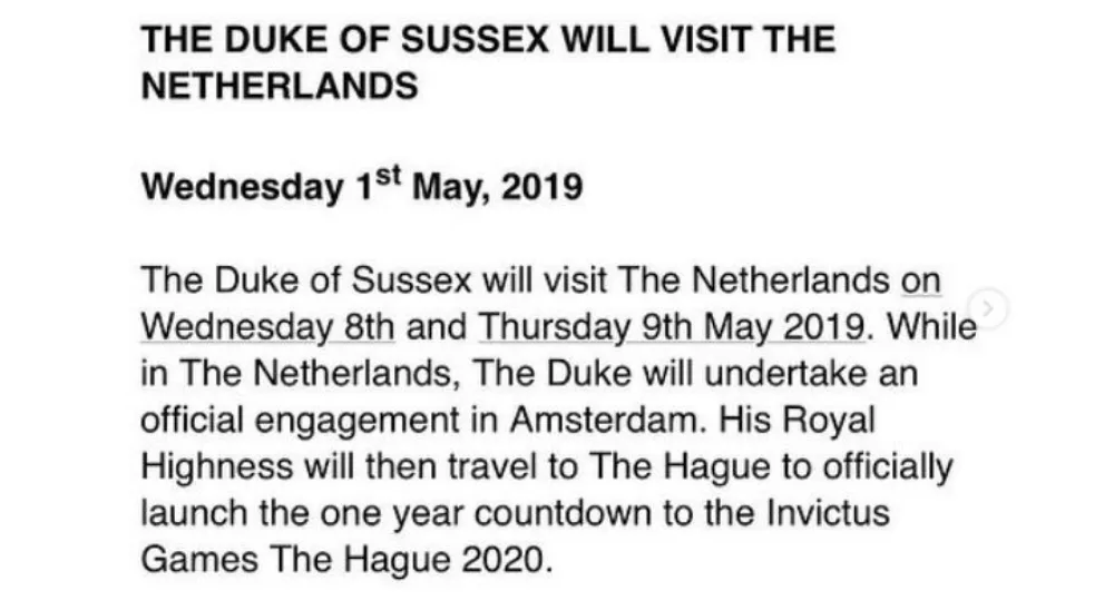 Prince Harry will be visiting The Netherlands next week