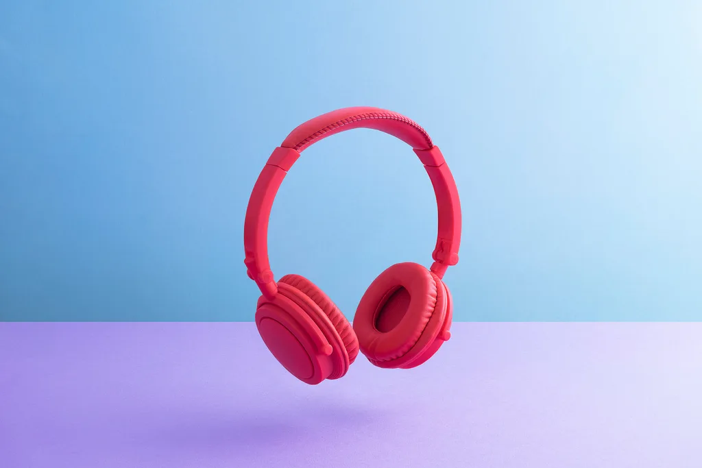 Red headphones on purple and blue background