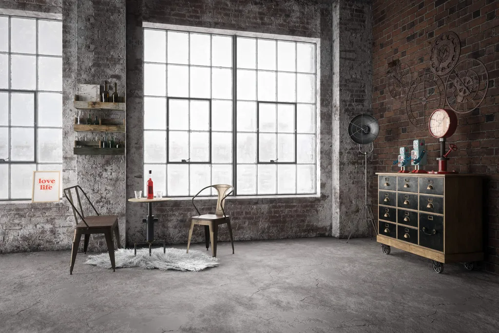Vintage style furniture in large warehouse living room
