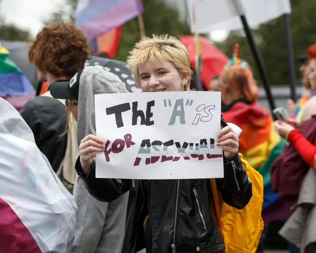 A person holding a sign with 'The A is for Asexual' written on it