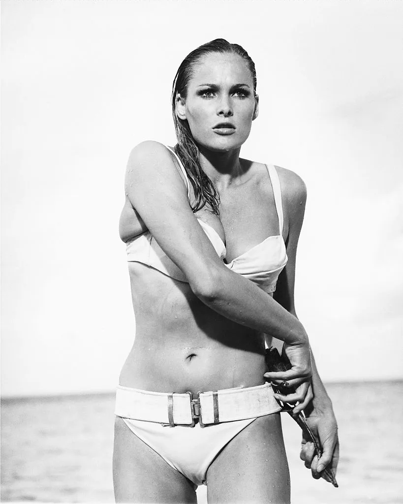 A black and white photo of Ursula Andress in the Jame's Bond film, Dr. No.