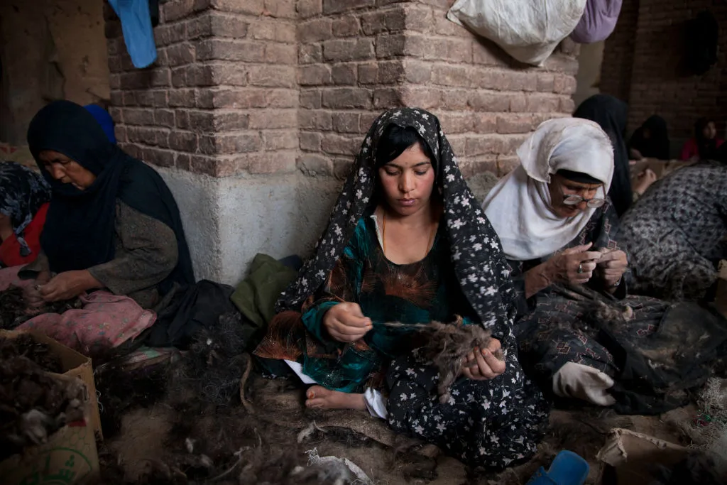 Afghan women sorting fur & wool in a factory