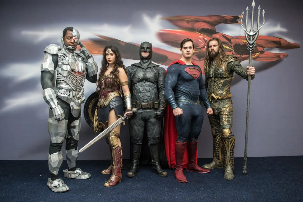 Justice League photocall starring  Cyborg, Wonder Woman, Batman, Superman and Aquaman