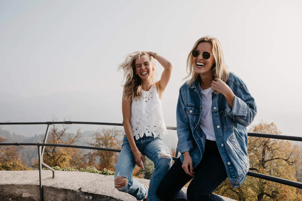 Two girls laughing at lookout