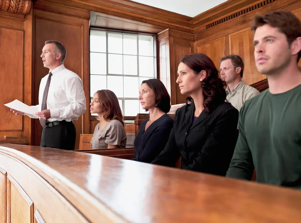 A jury sitting in wooden seats in a court room