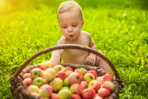 Baby sitting on the grass in front of a basket of apples
