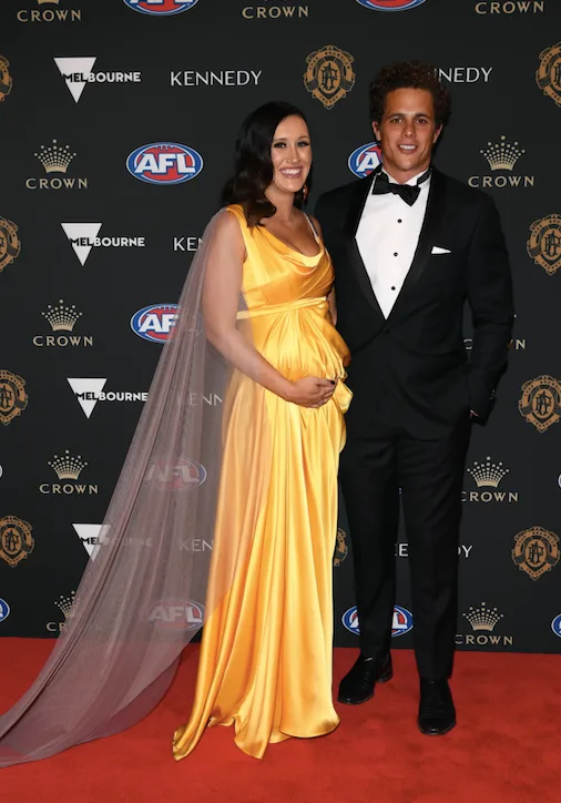Emily Curnow the wife of Ed Curnow of the Blues arrives ahead of the 2019 Brownlow Medal