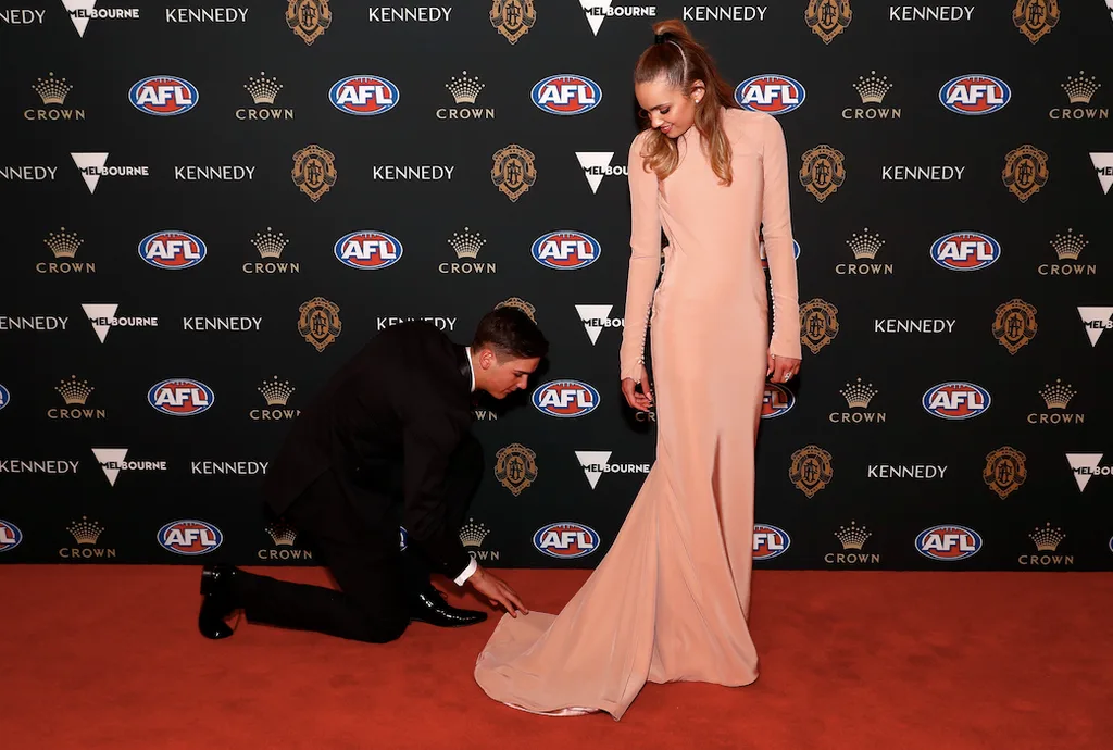 Connor Rozee of the Power and Sophie Barbour arrive during the 2019 Kennedy Brownlow Red Carpet arrivals