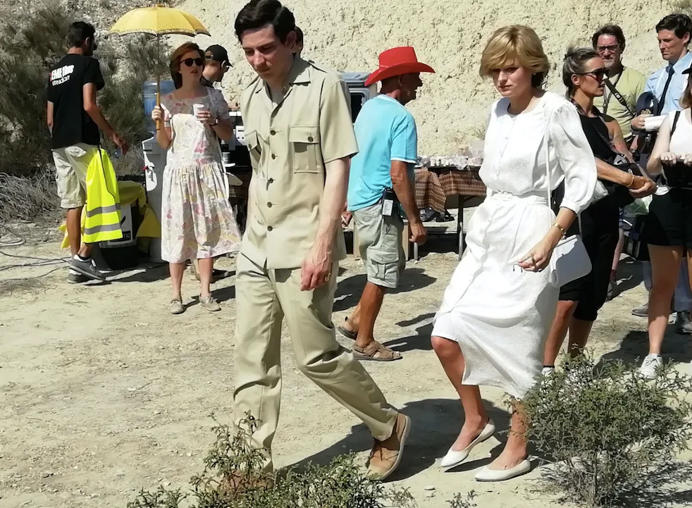 First photos of Josh O'Connor and Emma Corrin playing Charles and Diana in season four of The Crown. Josh and Emma were spotted filming the Netflix hit in Almeria, Spain, on September 29, 2019.