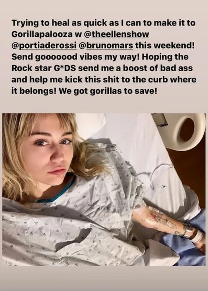 Miley Cyrus hospital tonsillitis Ellen Degeneres Portia Derossi Bruno Mars Gorillapalooza