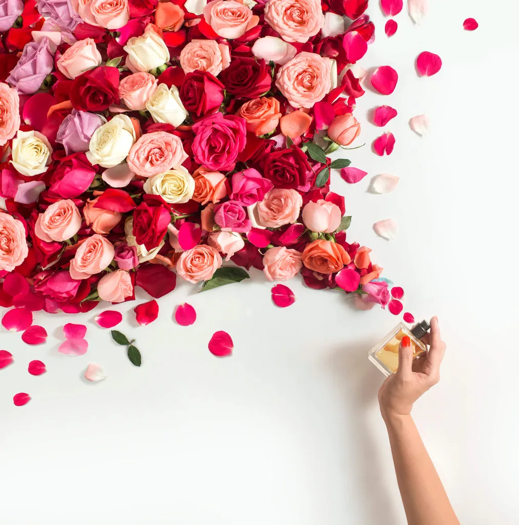 A perfume bottle spraying out rose flowers